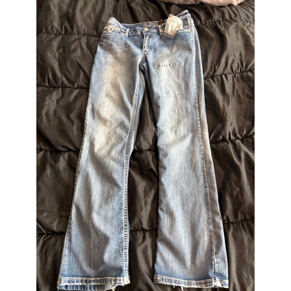 Love Indigo Premium Womens Bootcut Jeans Embroidered Fleur De Lis Medium Wash